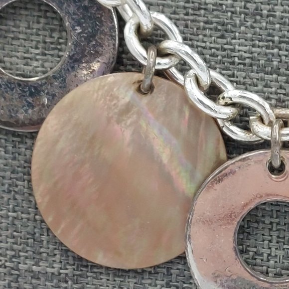 Vintage Necklace Chunky Bib Mother of Pearl and Metal Circle Charms Boho Rope Ch - Picture 5 of 9